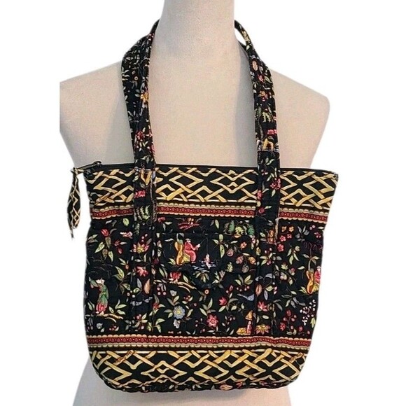 Vtg Retired Vera Bradley Ming Paddy Oriental Black Floral Shoulder tote Quilted - Picture 1 of 15